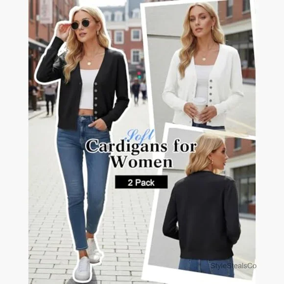 Lightweight Cropped Cardigan Set, V-Neck Button Down Long Sleeve Knit Sweaters - Picture 4 of 7